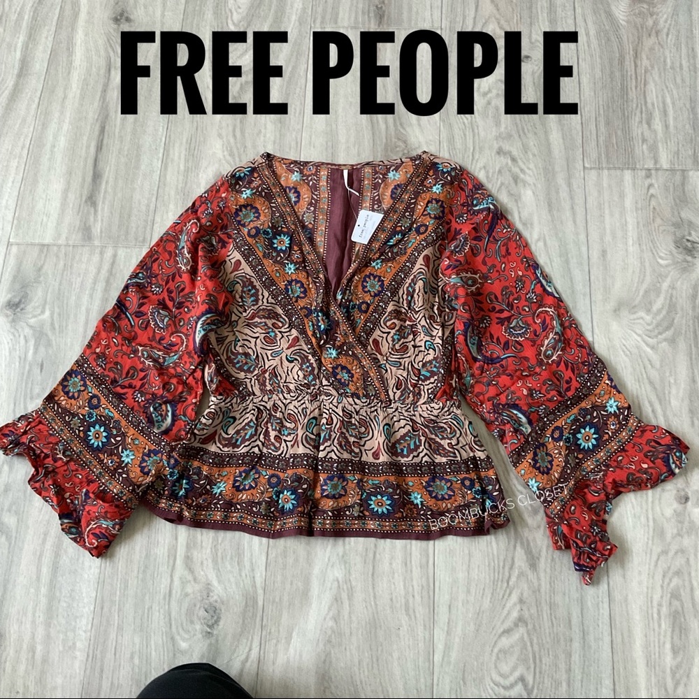 NWT Free People  Boho  Red Combo Wrap Top XS Bell Sleeves, Long Sleeves - Picture 8 of 13